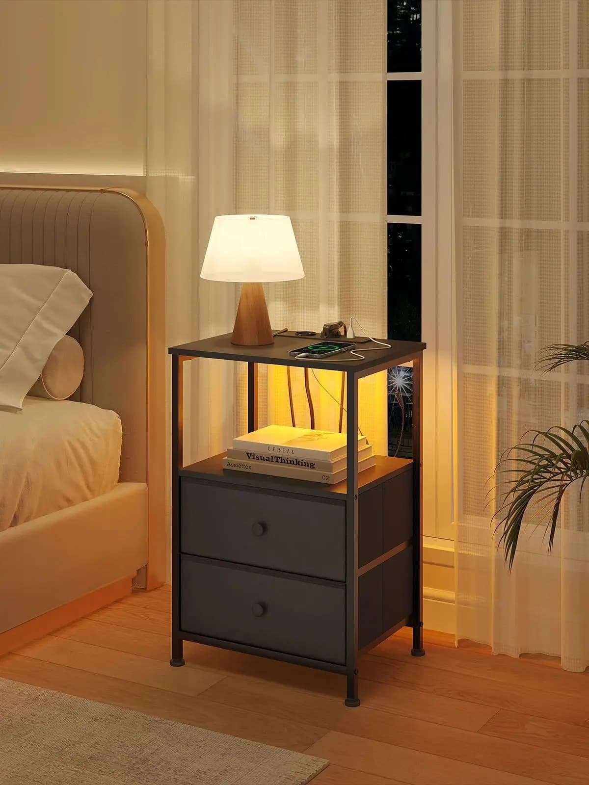 WOLTU Table de chevet moderne avec éclairage LED réglable, prises de charge USB, 2 tiroirs, table de nuit, rangement, chambre à coucher