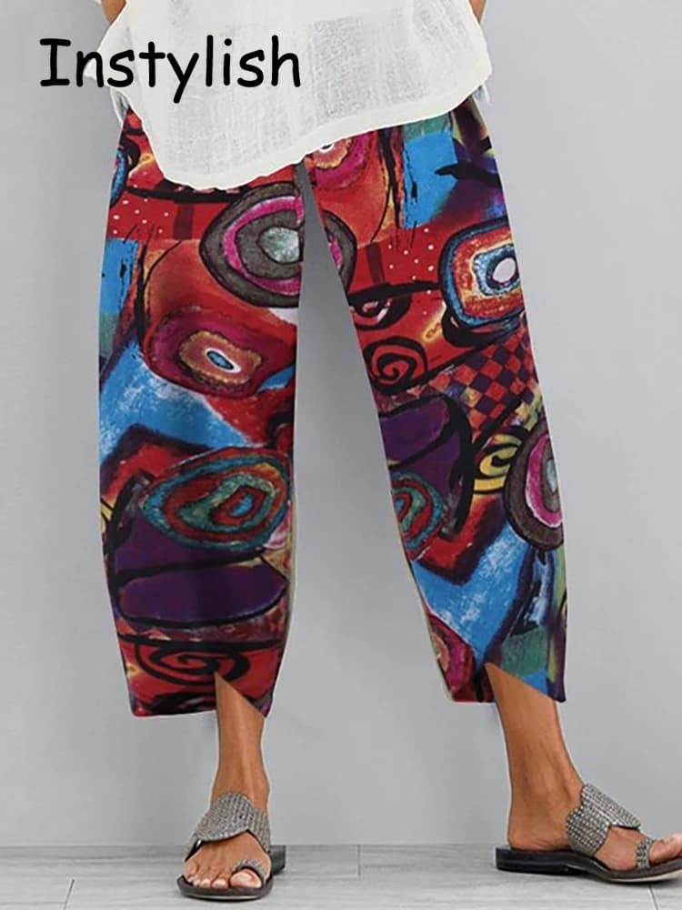 Sarouel Vintage en Coton et Lin pour Femme, Pantalon Décontracté, Taille Haute, Jambes Larges, Fjwomen, Harajuku, Imprimé, Baggy, Respzed