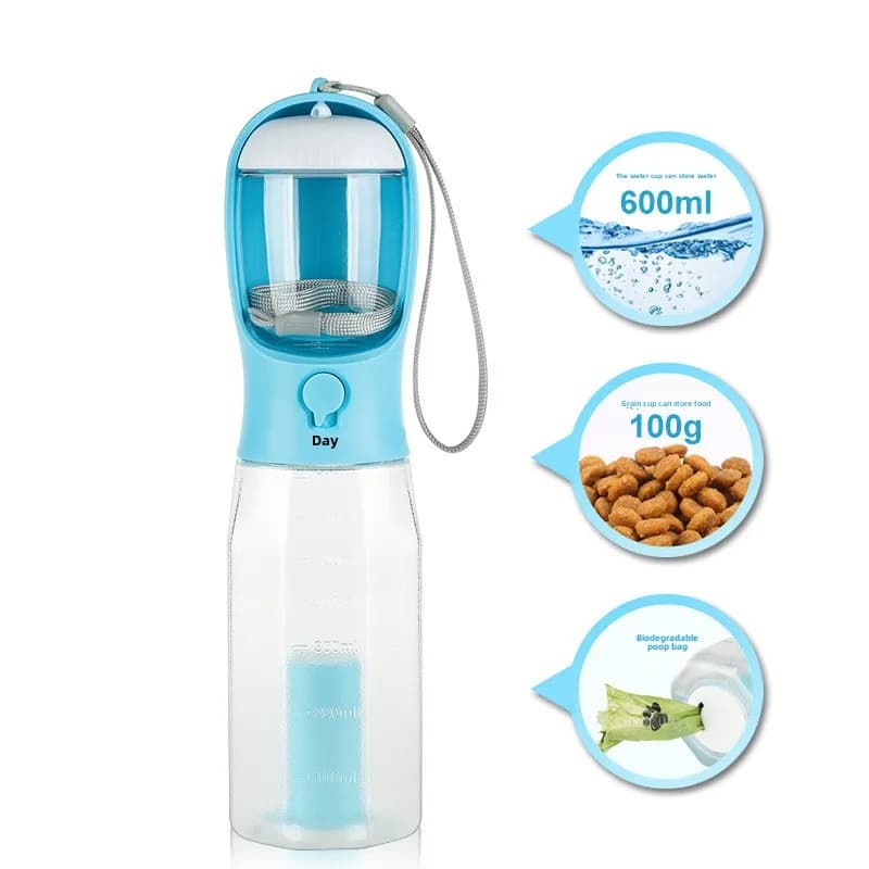 Bouteille d'eau 3 en 1 pour chien avec distributeur de sacs à excréments, distributeur de nourriture portable pour chat et chien, bol pour chiot,