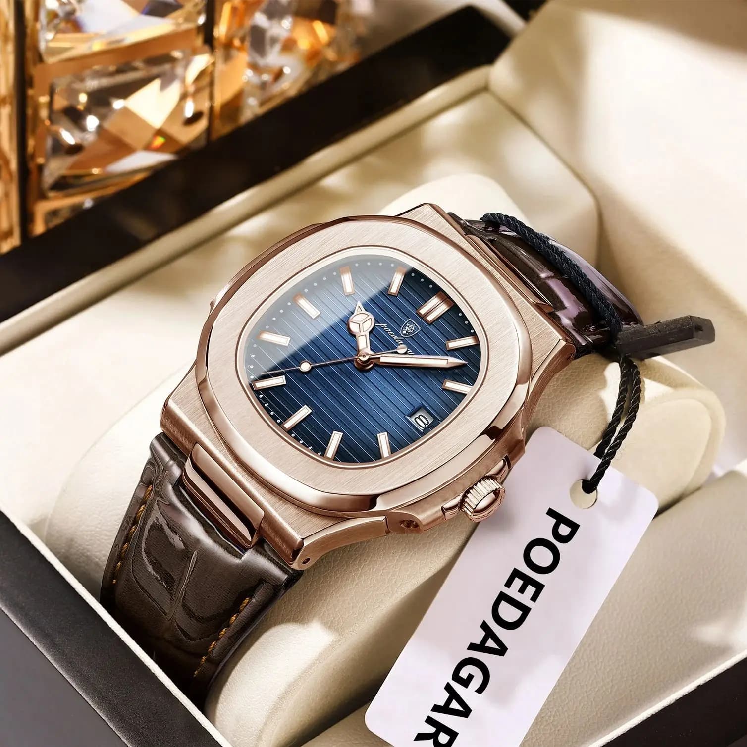 POEDAGAR homme d'affaires montre Date étanche lumineux en cuir montres classiques pour hommes de haute qualité carré Quartz montre-bracelet pour