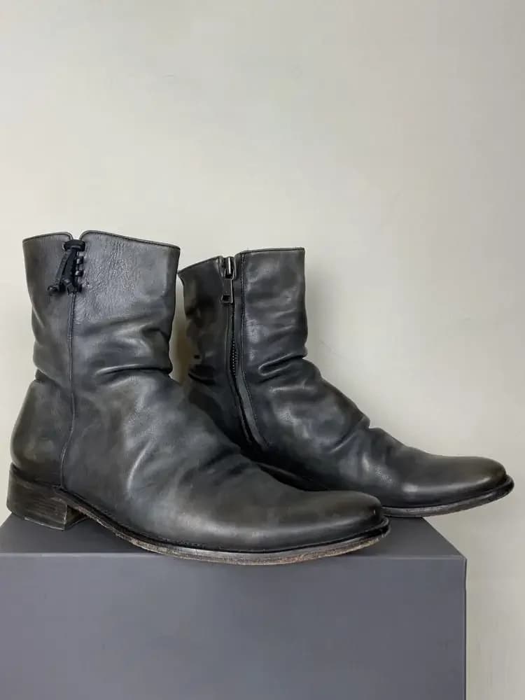 Bottines vintage en cuir noir pour homme, bout rond, fermeture éclair latérale, talon bas, chaussures décontractées en cuir souple froissé, style