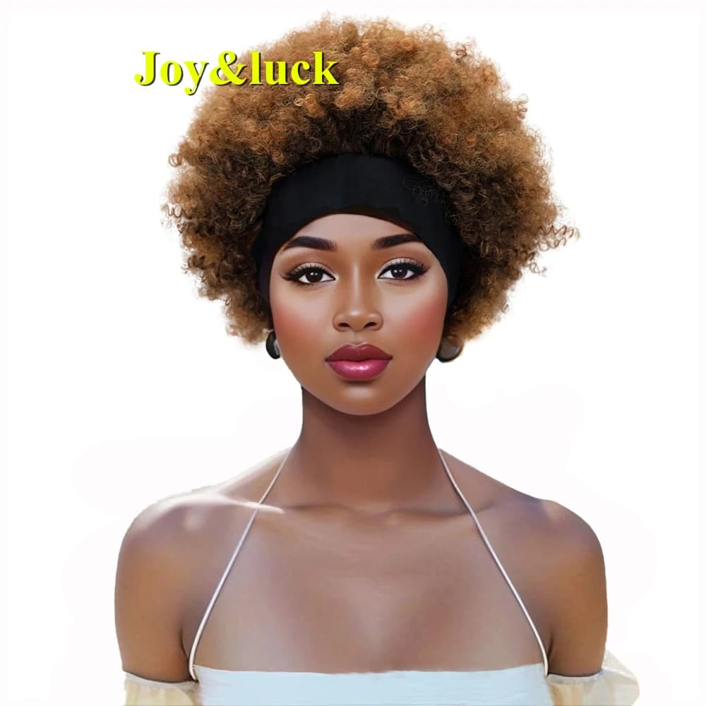 Perruque Synthétique Afro Crépue et Bouclée pour Femme, Cheveux Bruns Courts Naturels, Turban Noir