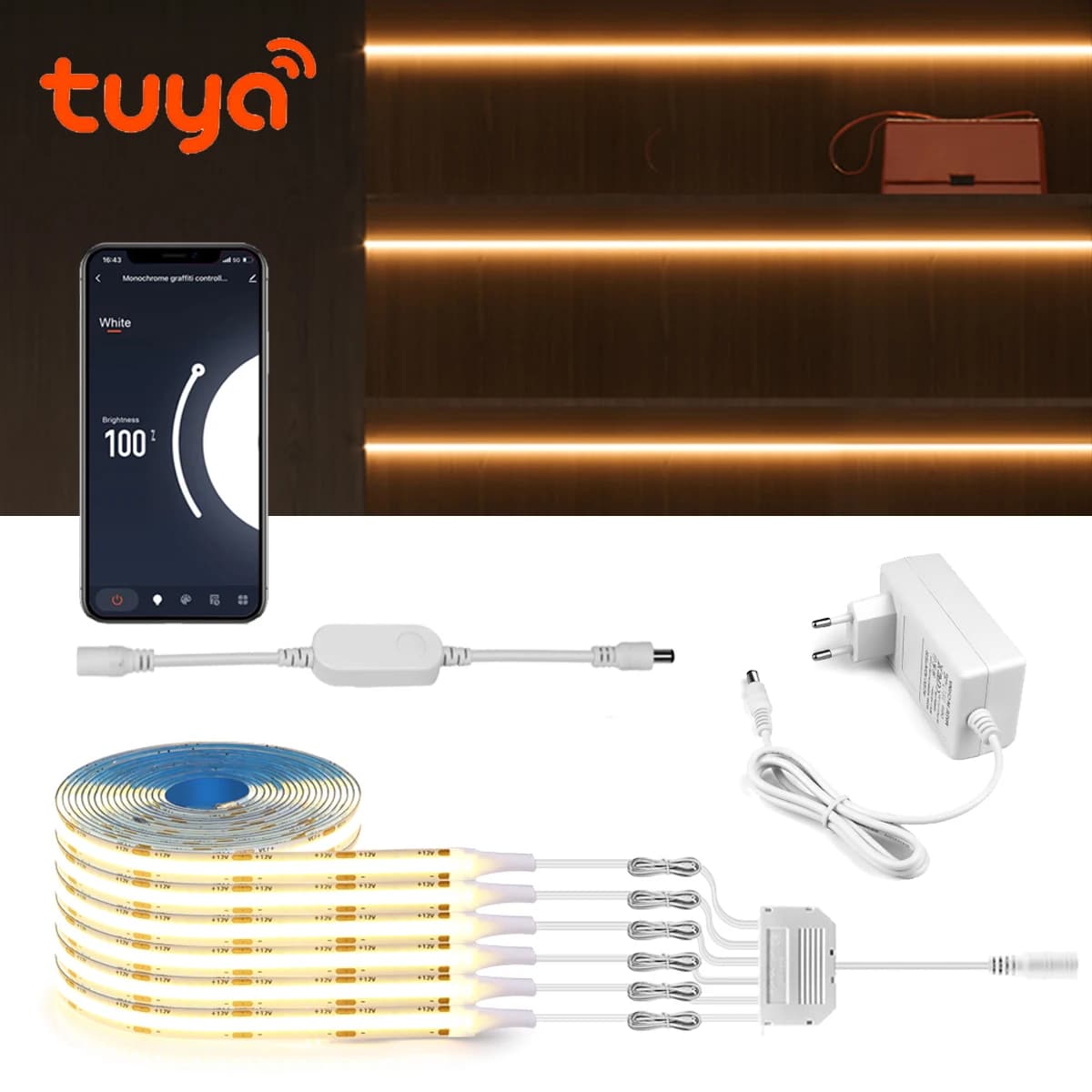 Bandes Lumineuses LED COB Intelligentes pour Garde-Robe, Ruban Lumineux Sous Armoire avec Tuya Smart Life, Commande WIFI, Joli, 12V, DIY