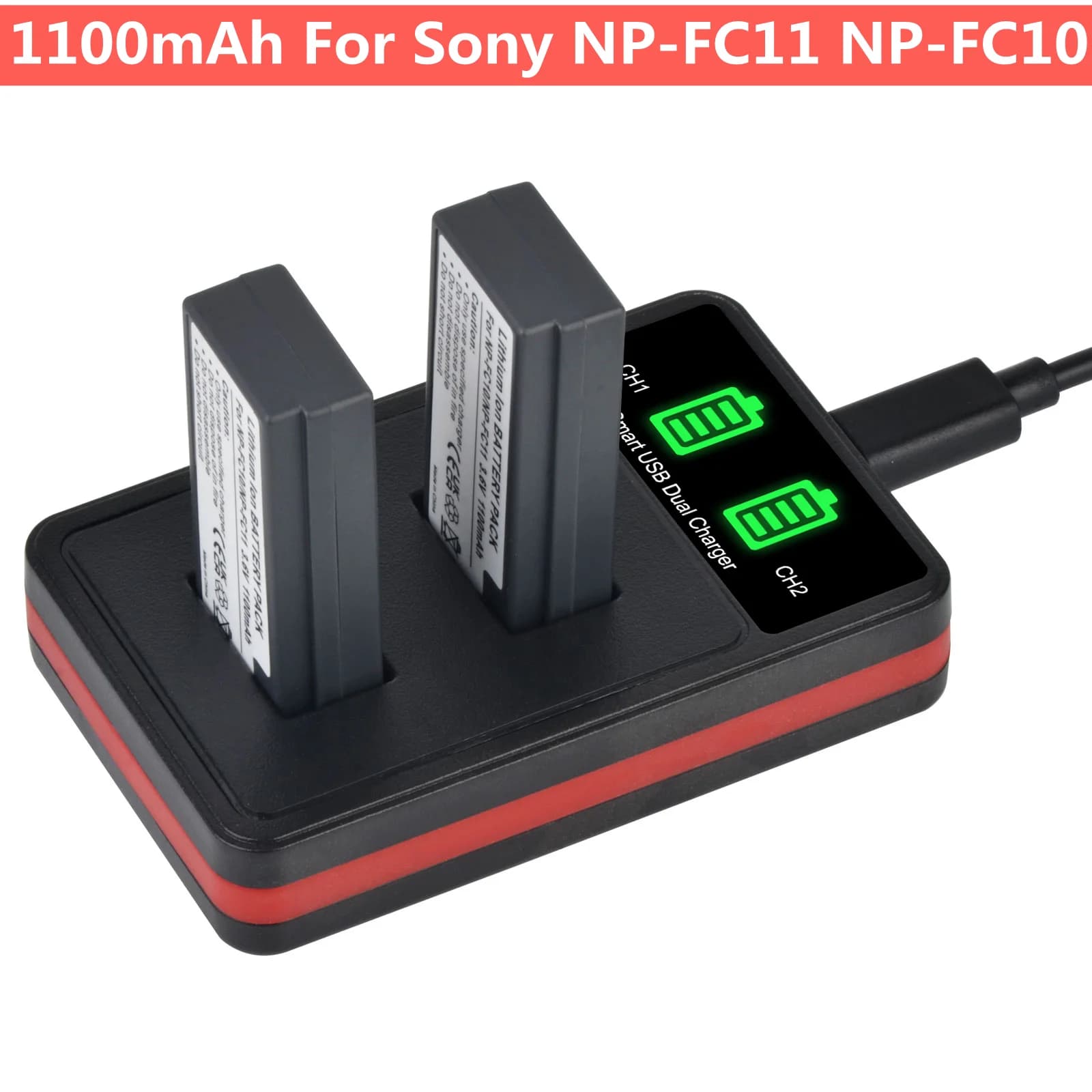 1100mAh NP-FC11 NP-FC10 Batterie + Chargeur avec Type C pour Sony Cyber-shot DSC-P10 DSC-P8L DSC-P9 DSC-P7 DSC-P2 DSC-P3 DSC-P5 F77A