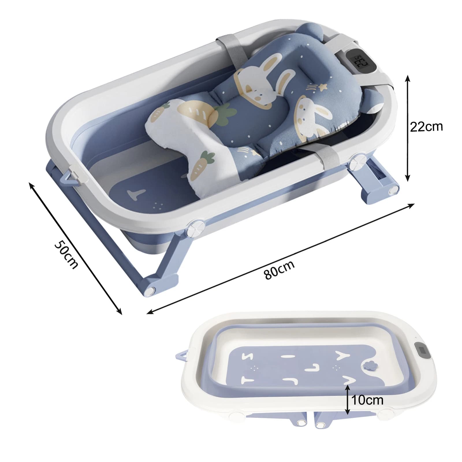 Baignoire pour bébé, baignoire pliable avec thermomètre et tapis de bain, baignoire pour bébé de voyage portable antidérapante, 0-36 mois