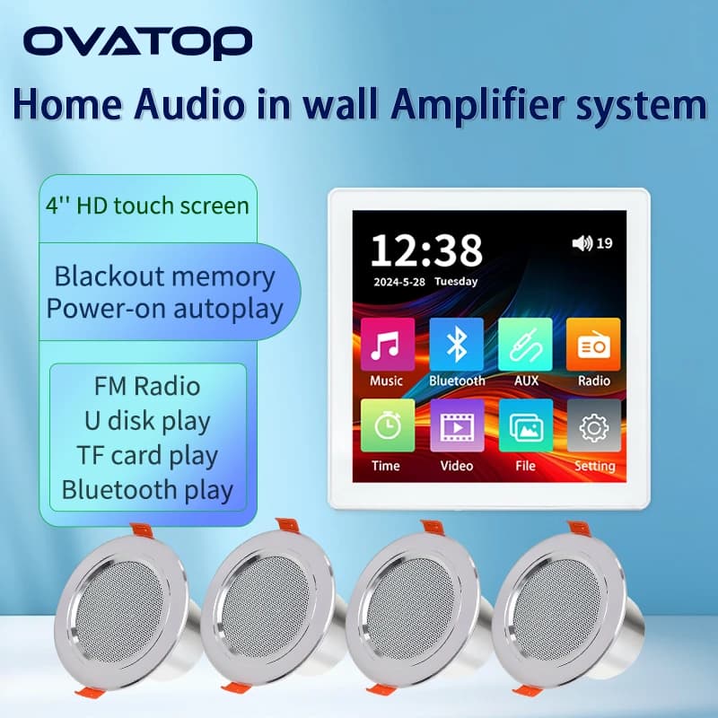 Mini amplificateur mural à écran tactile TF, lecteur audio, panneau de commande Bluetooth, lecteur de musique d'ambiance, haut-parleur stéréo de