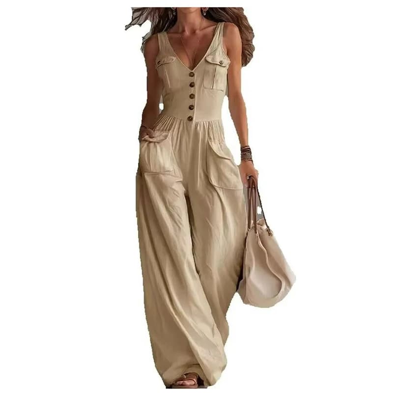 Combinaison d'été sans manches à col en V et jambes larges pour femme, élégante, couleur unie, taille haute, salopette féminine