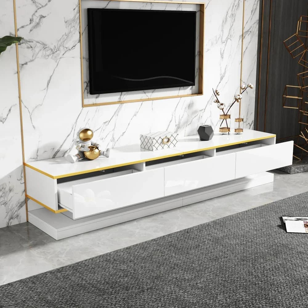 Meuble TV moderne avec 3 tiroirs, meuble de rangement pour salon, bord doré, blanc chaud