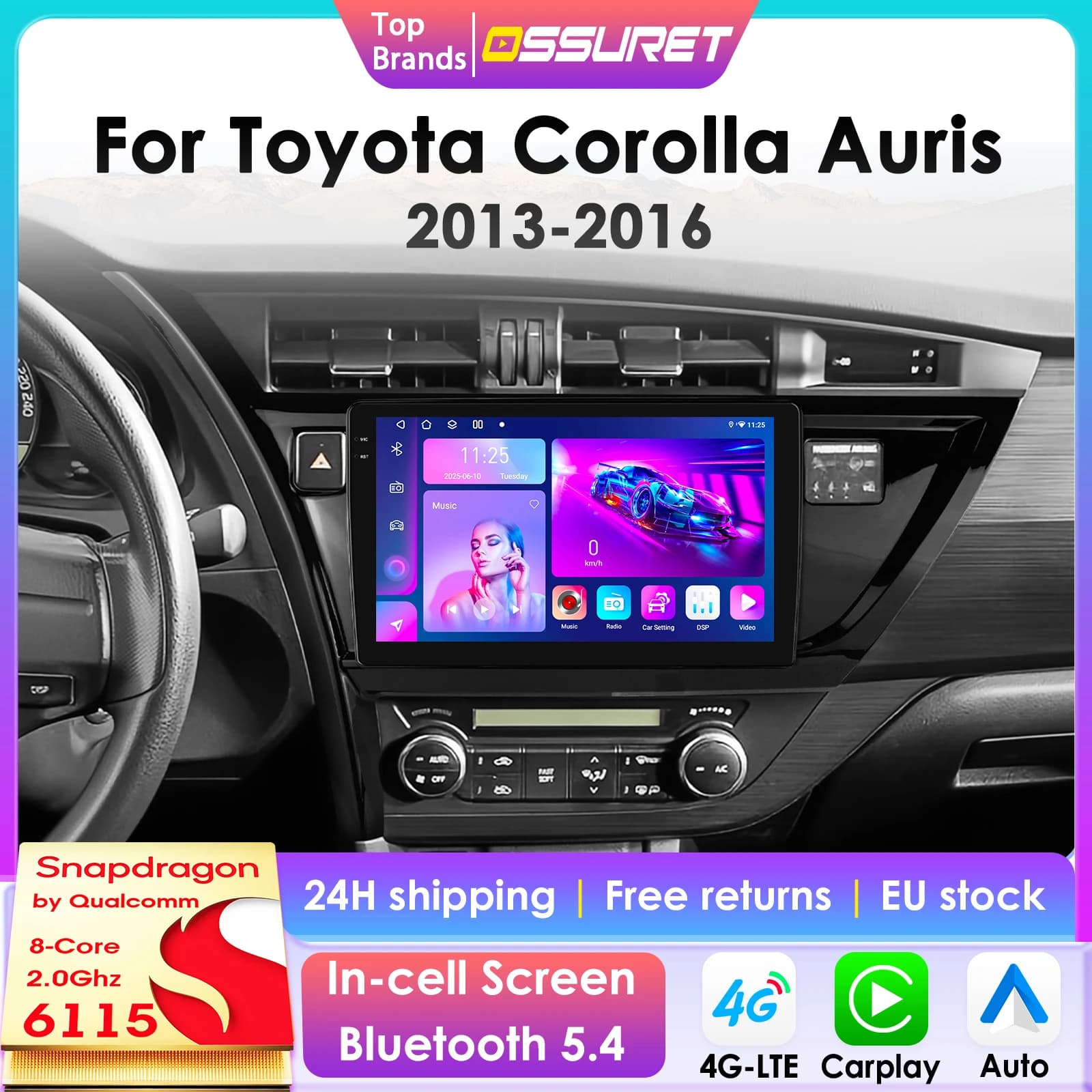Lecteur GPS multimédia de voiture Android 14 2Din pour Toyota Corolla Auris 2013-2016 Carplay 4G écran Intelligent autoradio 360 caméra