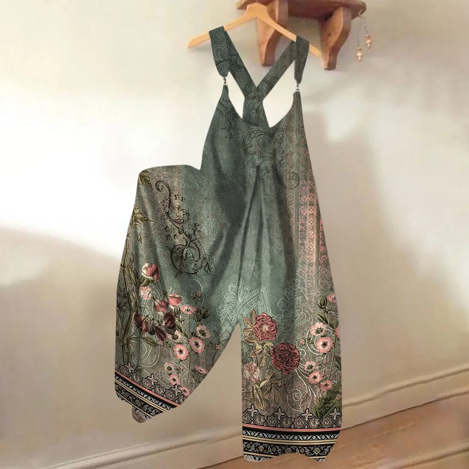 Combinaison à jambes larges pour femmes, salopette à col rond, patchwork imprimé floral tribal, mode de fête, automne