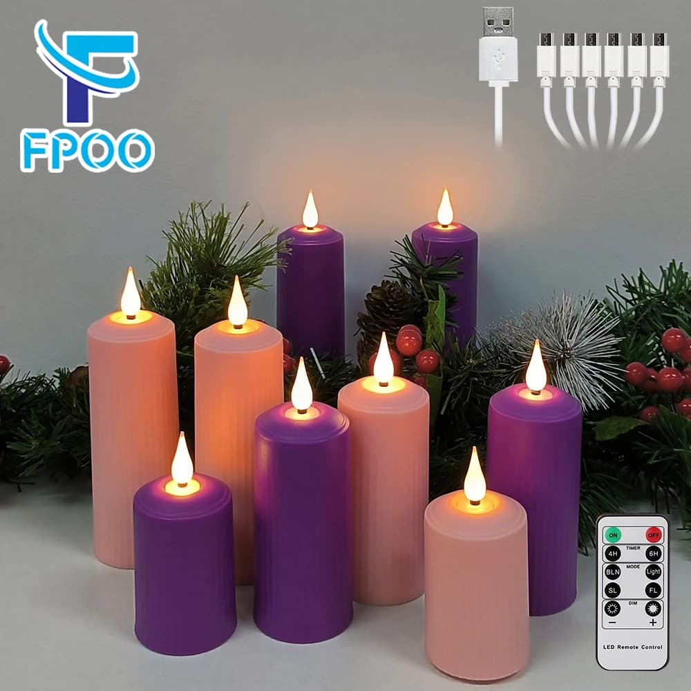 FPOO-bougies LED rechargeables par USB, flamme vacillante, étanche, bougies de mariage, décoration de noël, violet, minuterie photophore