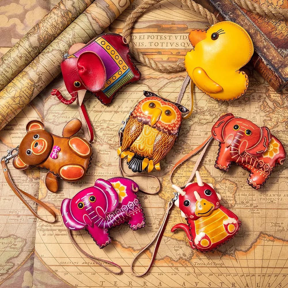 Porte-monnaie mignon en cuir véritable, portefeuille animal fait à la main, sac porte-cartes, étui pour rouge à lèvres, mini écouteur pour