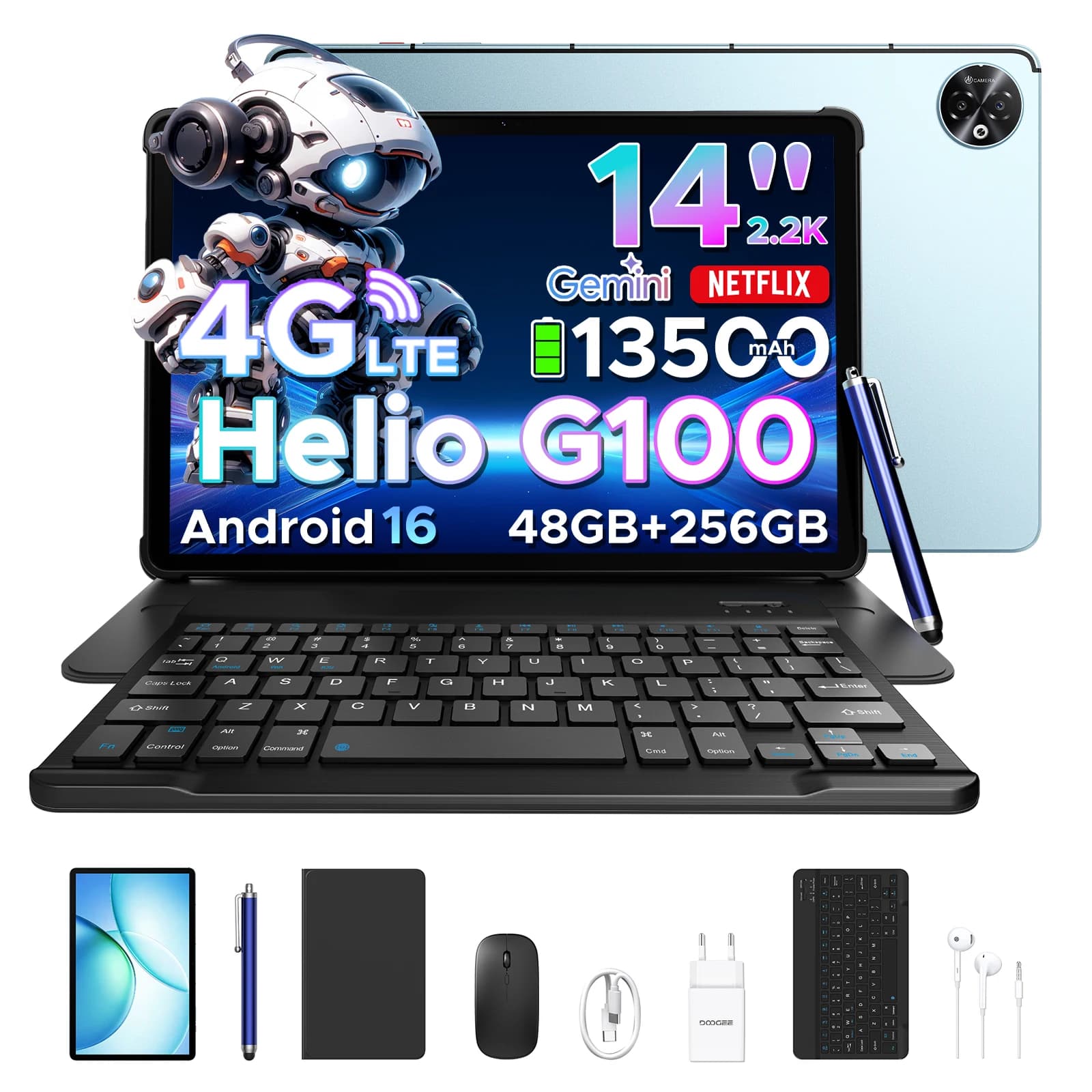 DOOGEE Tablette PC 2 en 1 Tab E3 Max Batterie 13500mAh Gmini AI 14" Écran 2.2K 48Go(8+40) 256 Go Helio G100 AI Tablet Android 16