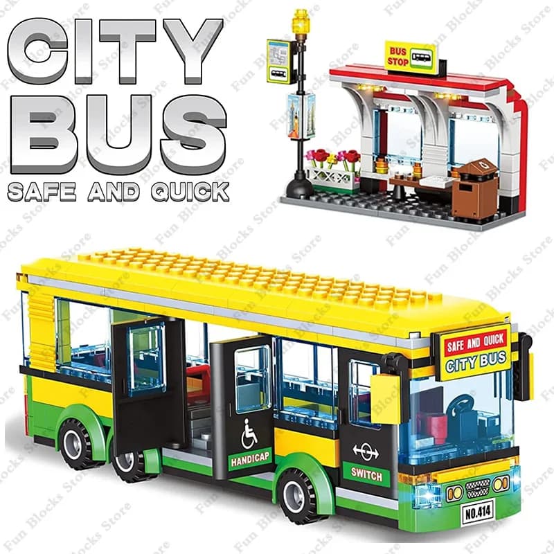 Voiture de ville jaune, Station d'autobus scolaire pour passagers, ensembles de véhicules publics, figurines en briques, blocs de construction,