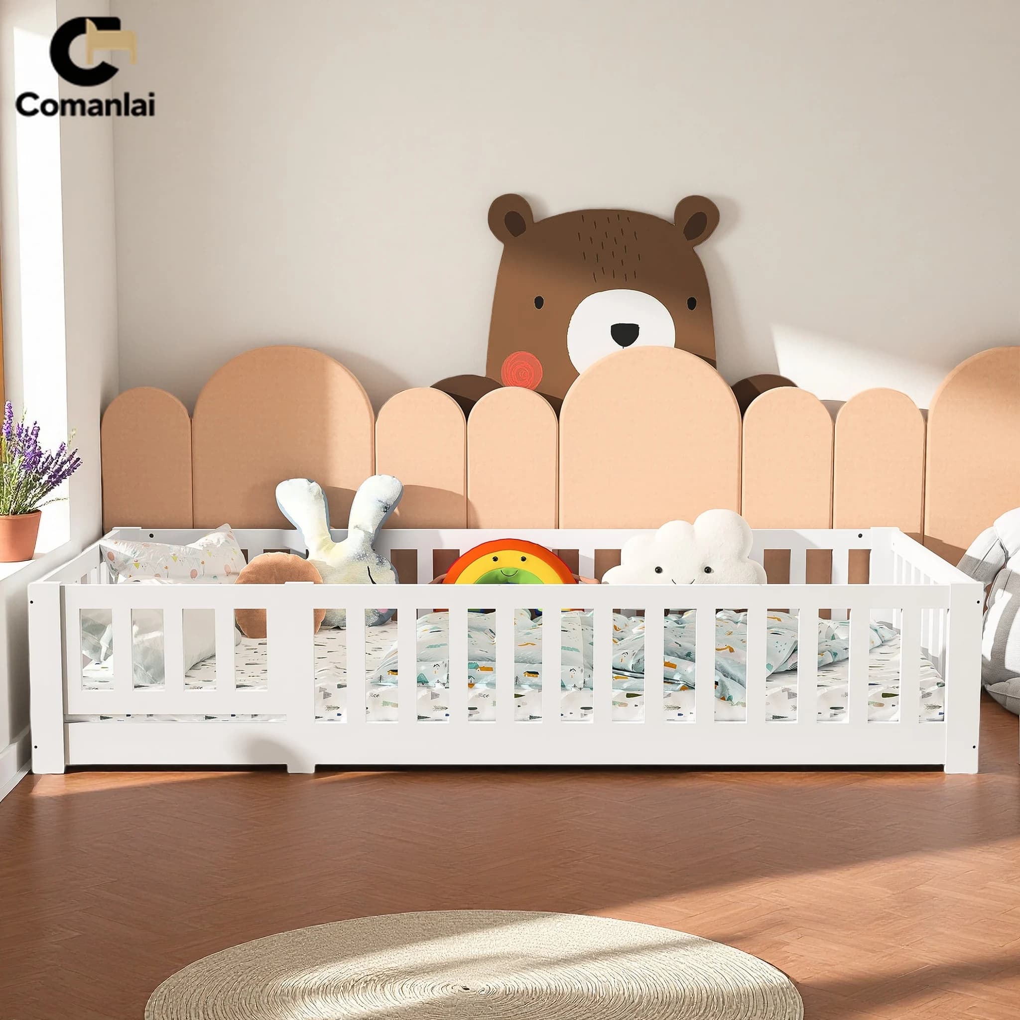 Lit d'enfant en bois Comanalai 90x200cm/90x190cm/120x200cm/80x160cm avec barrière de protection contre les chutes, cadre de lit simple, cadre de lit