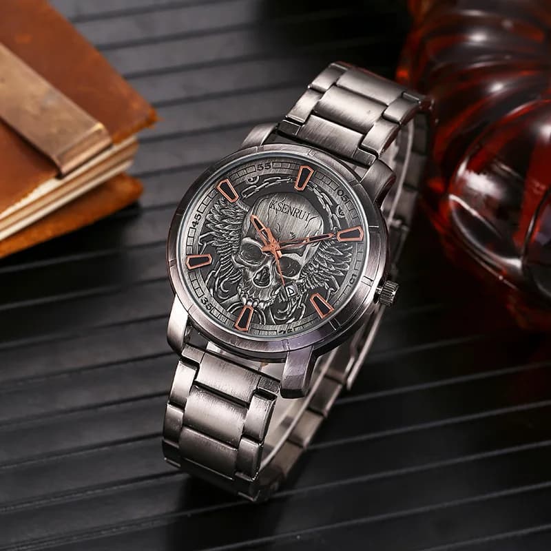 Montre crâne rétro pour hommes, bracelet de luxe en acier et cuir, à Quartz, à la mode, horloge cadeau, livraison directe
