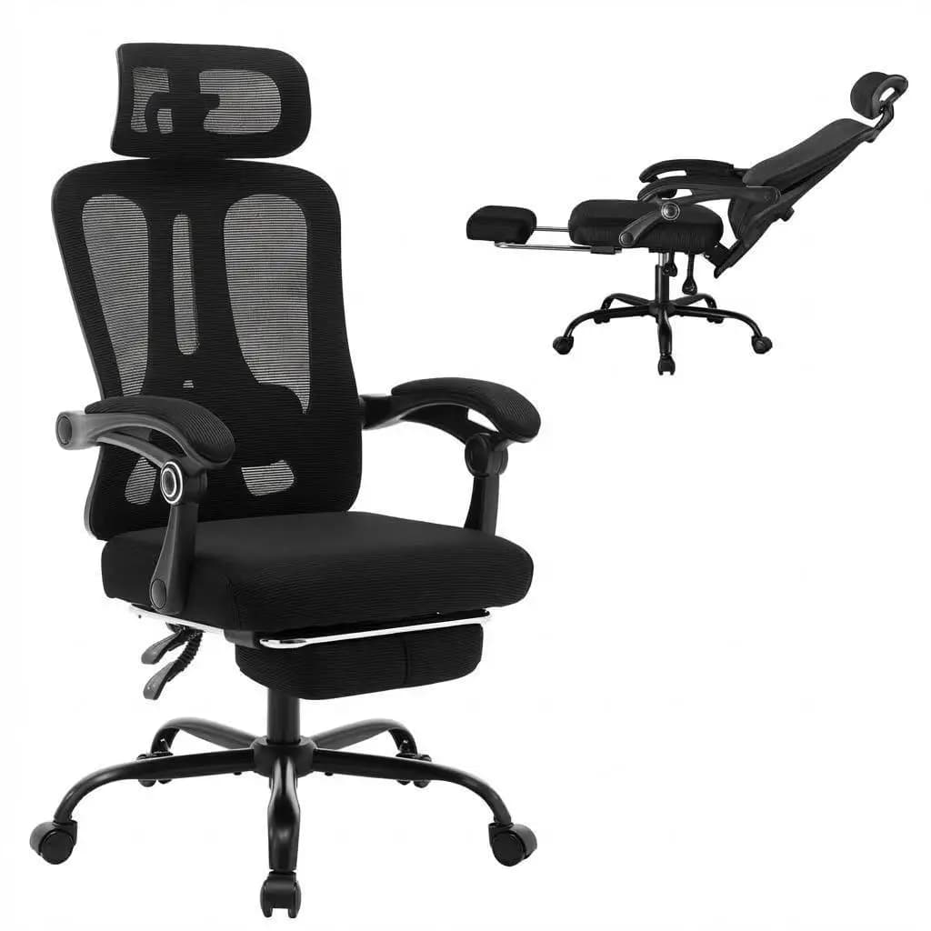 Chaise de jeu ergonomique à dossier haut en tissu maillé, appui-tête réglable, dossier inclinable, pivotante, avec repose-pieds, pour bureau à