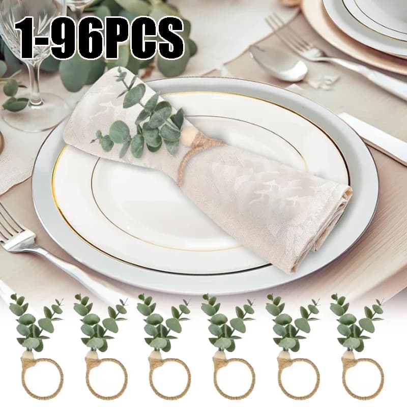Anneaux de serviette en bois de qualité supérieure, décor de table en feuilles d'eucalyptus simulées, pour banquets d'hôtel, restaurants,