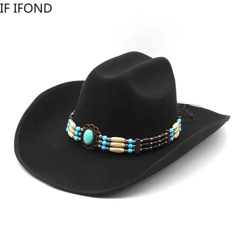 Chapeau de Cowboy occidental en laine artificielle pour homme et femme, chapeau d'automne et d'hiver à large bord, casquette de Jazz, Cloche,