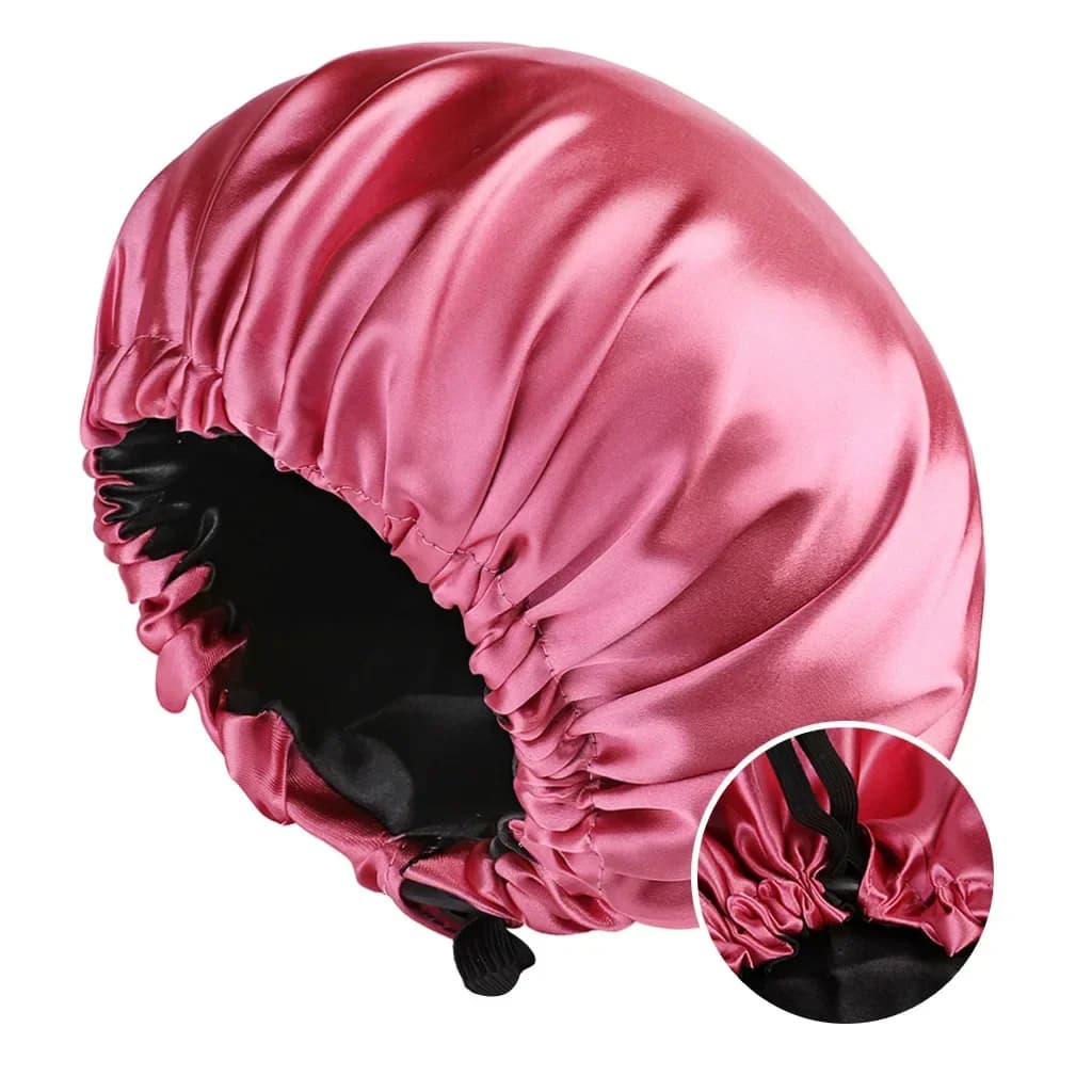 Bonnet de nuit réglable en satin double couche, bonnet de douche rond double face pour femme, chapeau de nuit en polyester avec doublure noire unie
