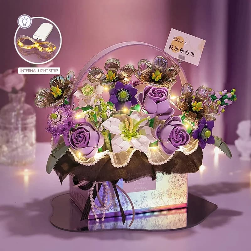 Bouquet de roses roses créatif en blocs de construction, série de boîtes cadeaux portables pour fleurs, briques de modélisation, cadeaux et jouets