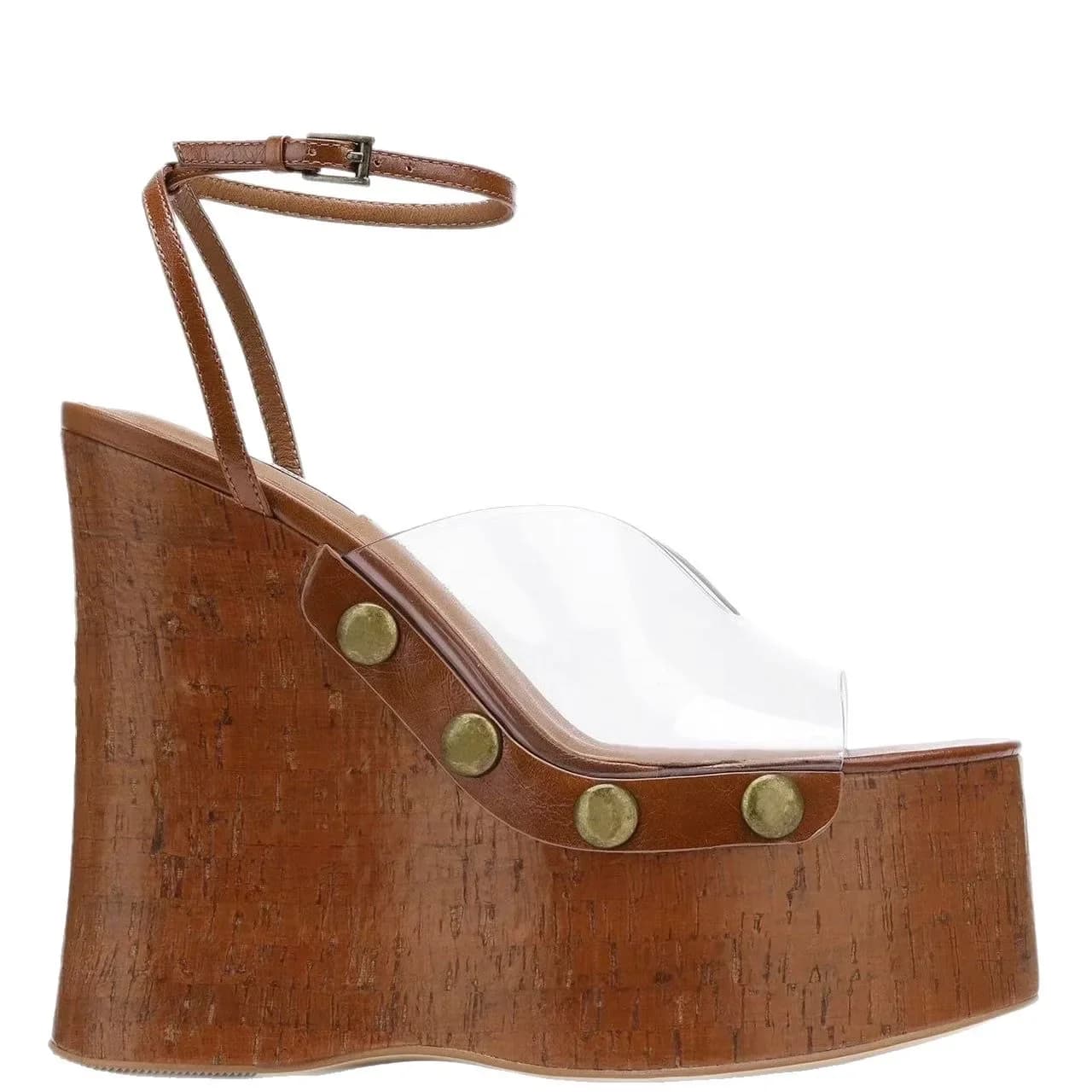 Sandales compensées à talon épais pour femme 2025, motif grain de bois, imperméables, avec boucle à clous métalliques