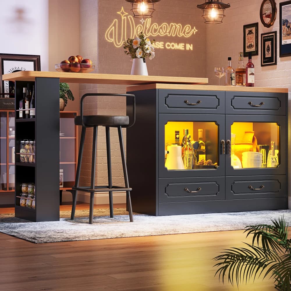 Table de bar moderne extractible télescopique 135-203 × 39 × 92,8 cm |   360 °   Giroir, avec lumières LED et compartiment de rangement, salle à