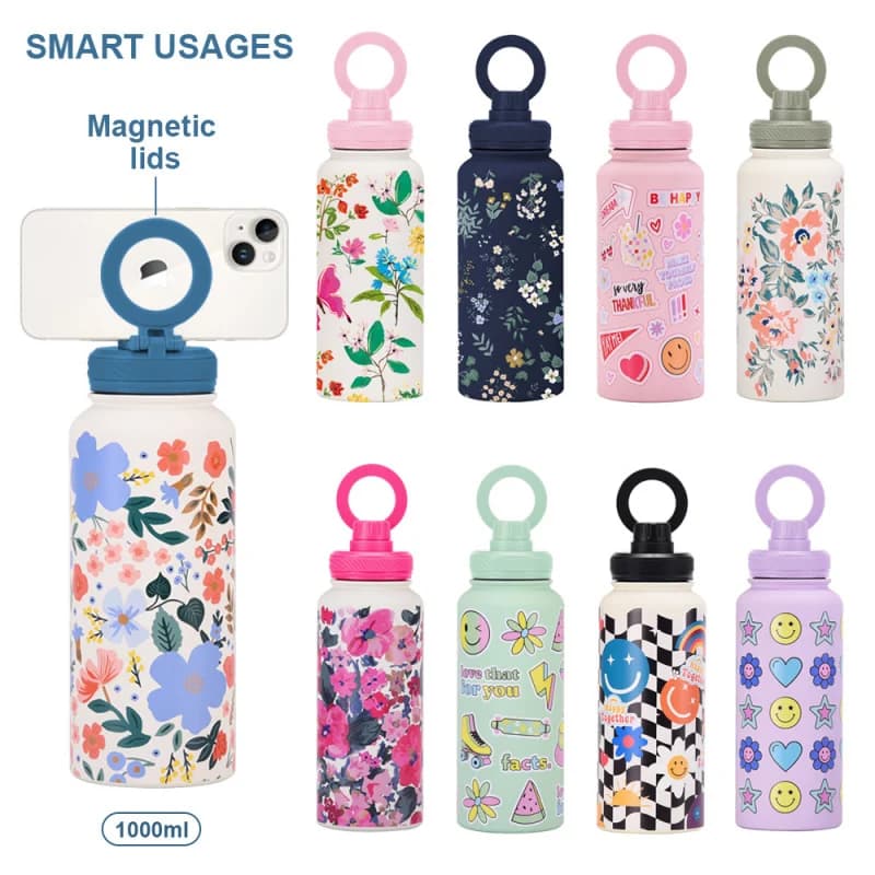 Bouteille d'eau thermos 1000mL avec support magnétique pour téléphone portable, bouteille d'eau de sport imprimée pour yoga et gymnastique