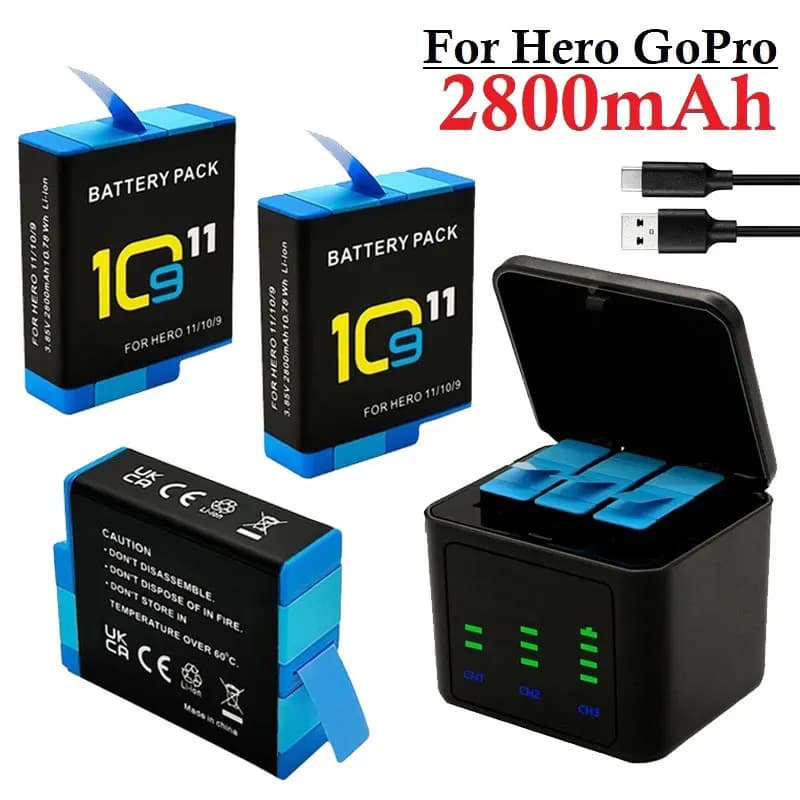 Batterie 2800mAh pour GoPro Hero 10 11 2800 mAh, boîtier de chargeur rapide à 3 voies, stockage de carte TF pour accessoires GoPro Hero 9