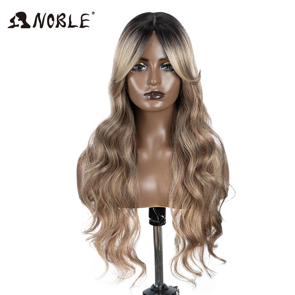 Perruque Lace Front Wig synthétique ondulée-Noble, perruque Lace Frmeds brune, perruques de cosplay blondes ombrées pour femmes, 28 pouces