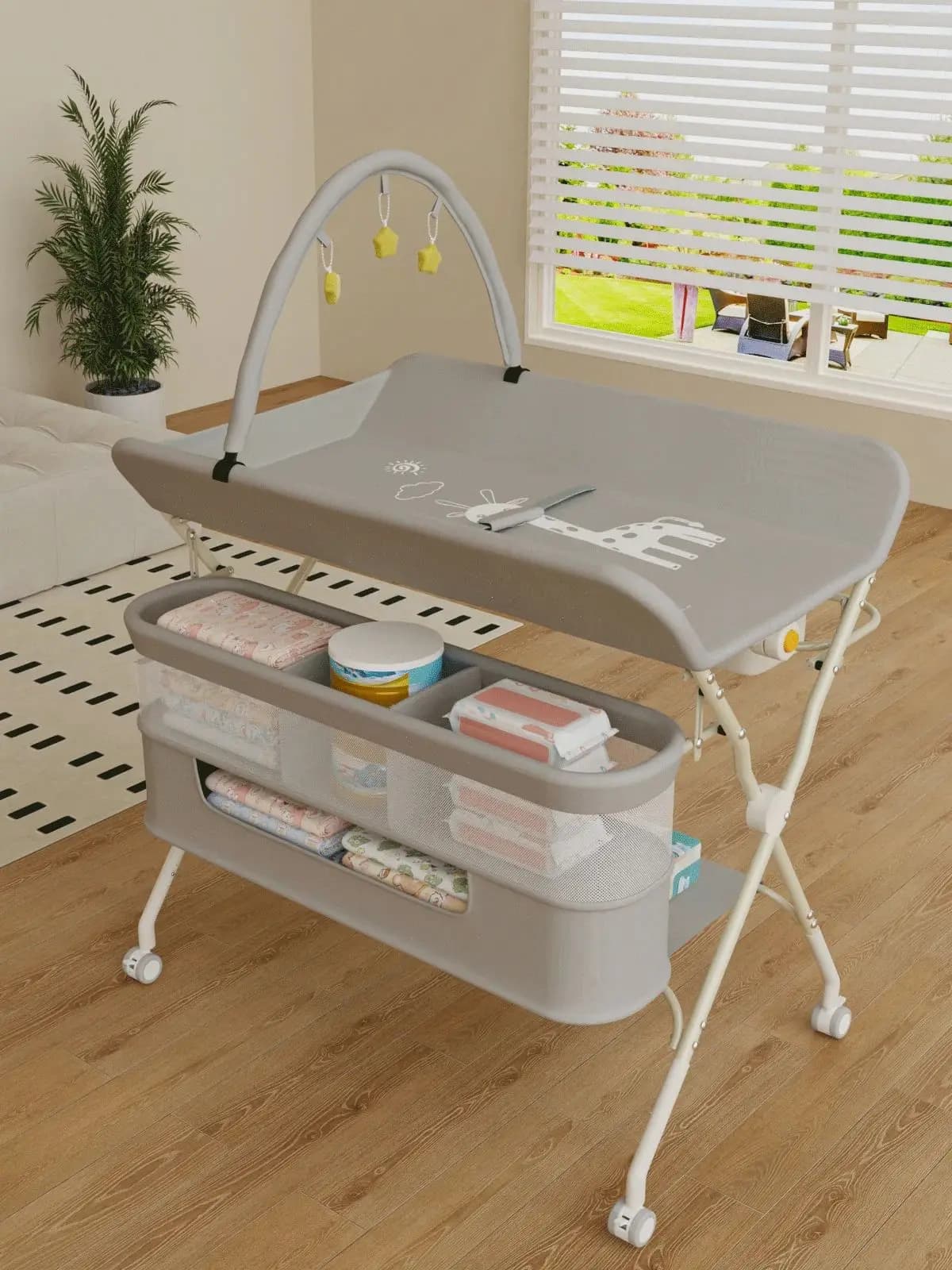 Table à Langer avec Roulettes – 5 Niveaux Réglables en Hauteur - Jouet Suspendu – Station à Langer Ergonomique et Portable pour Nouveau-nés -