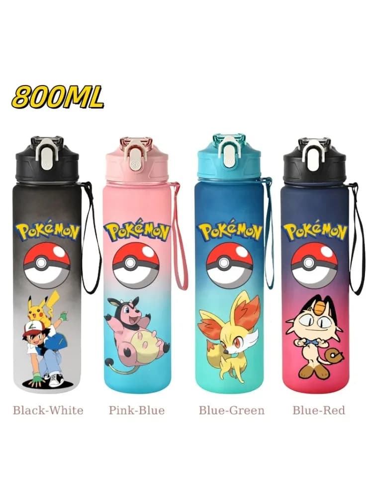 Bouteille d'eau de sport grande capacité 800 ml Pokémon, anti-fuite avec paille, pour activités de plein air, voyage, gym et fitness