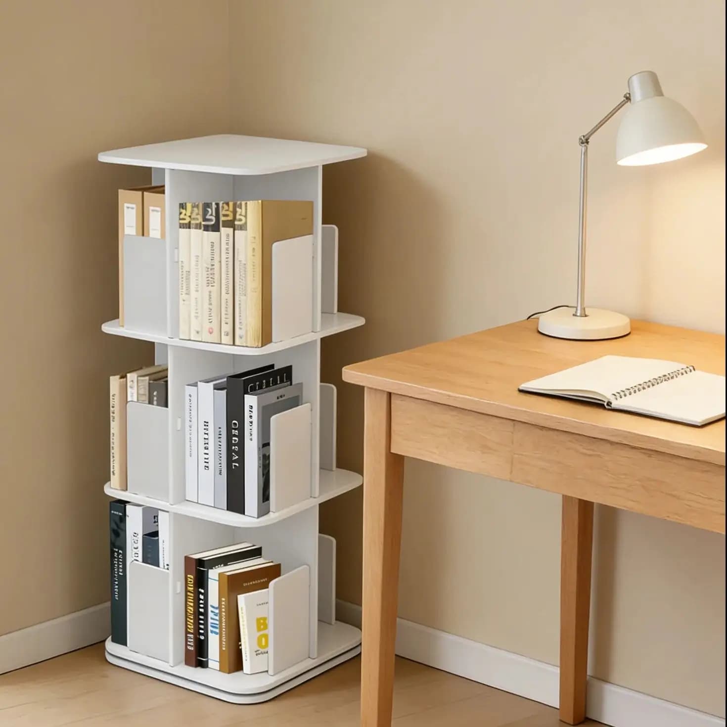 360 °   Bibliothèque de bureau rotative à 3 niveaux, Design moderne et élégant, grand rangement de 20kg par niveau pour l'organisation des livres