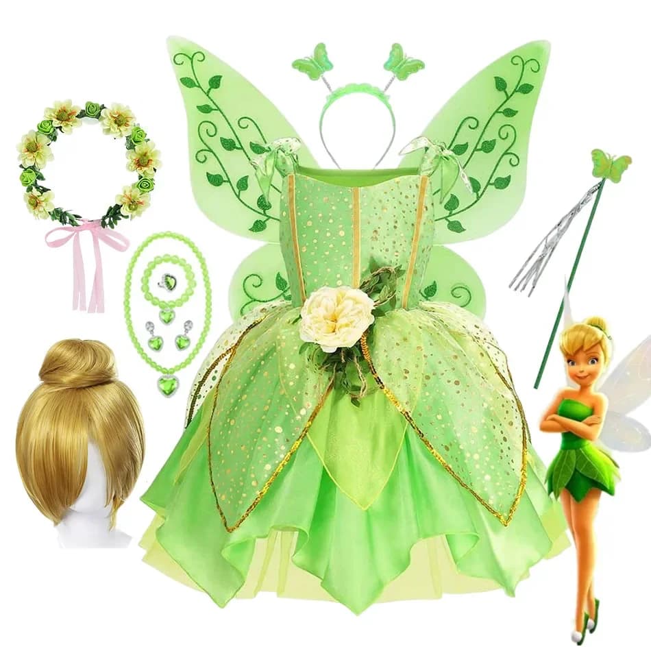 Costume de fée clochette pour filles, Costume d'halloween pour enfants, robe fantaisie de fée clochette verte, princesse féerique, Cosplay, fête
