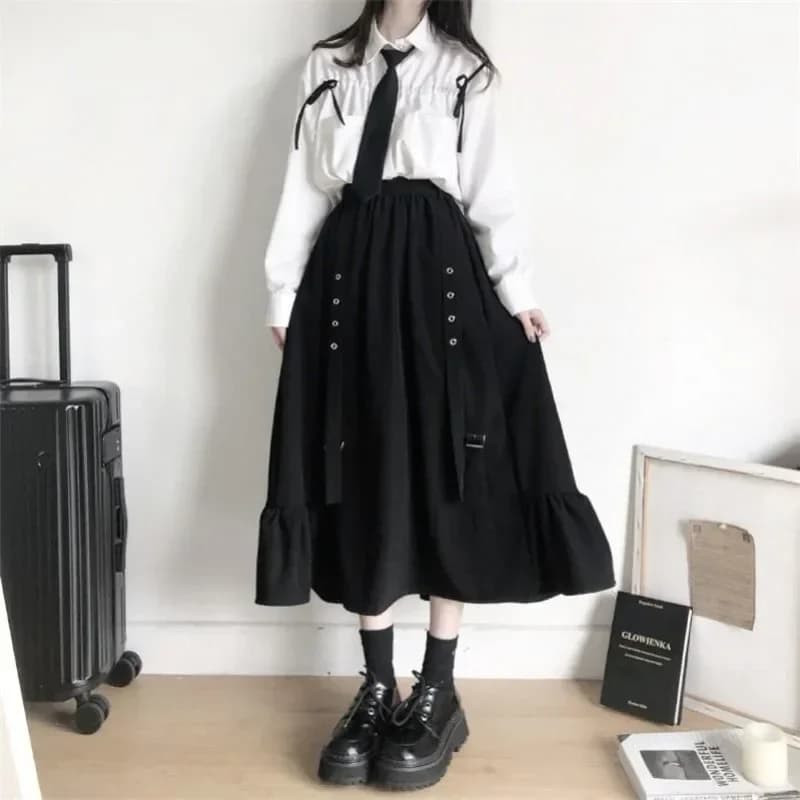 Jupes longues trapèze à volants style coréen vintage foncé taille haute pour femme, collection Printemps/Automne 2026 – Tendance féminine