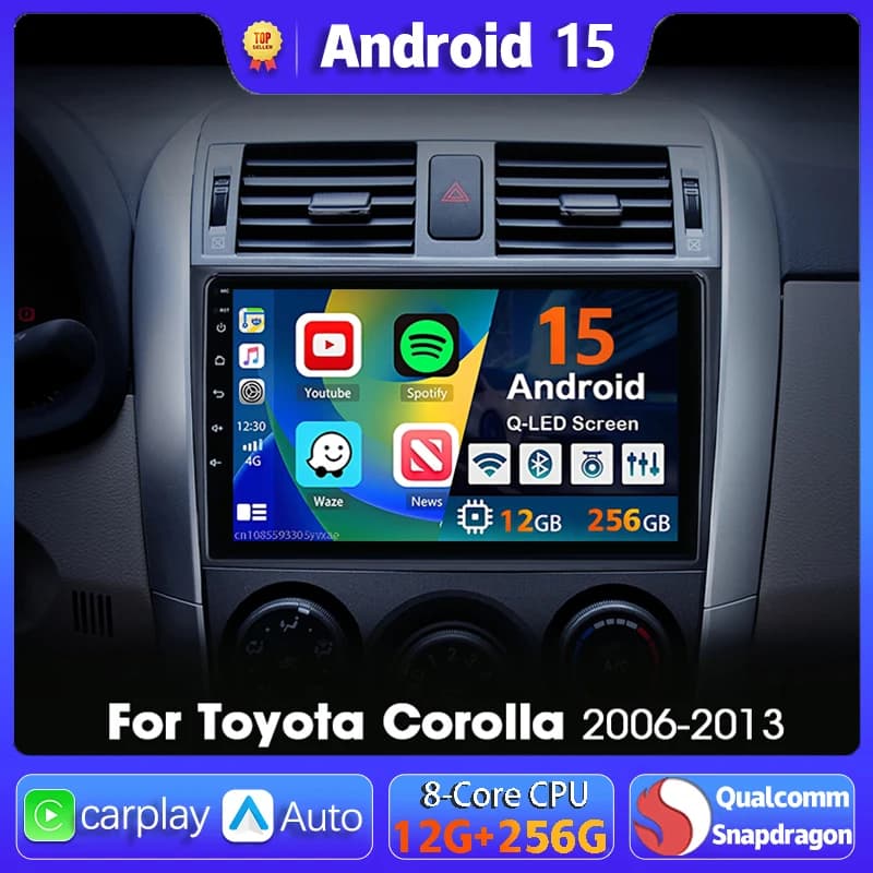 Autoradio Android 16, Navigation, Lecteur Multimédia pour Toyota Corolla 2006 2007 2008 2009 2010 2011 2012 2013, Carplay, Auto Stéréo