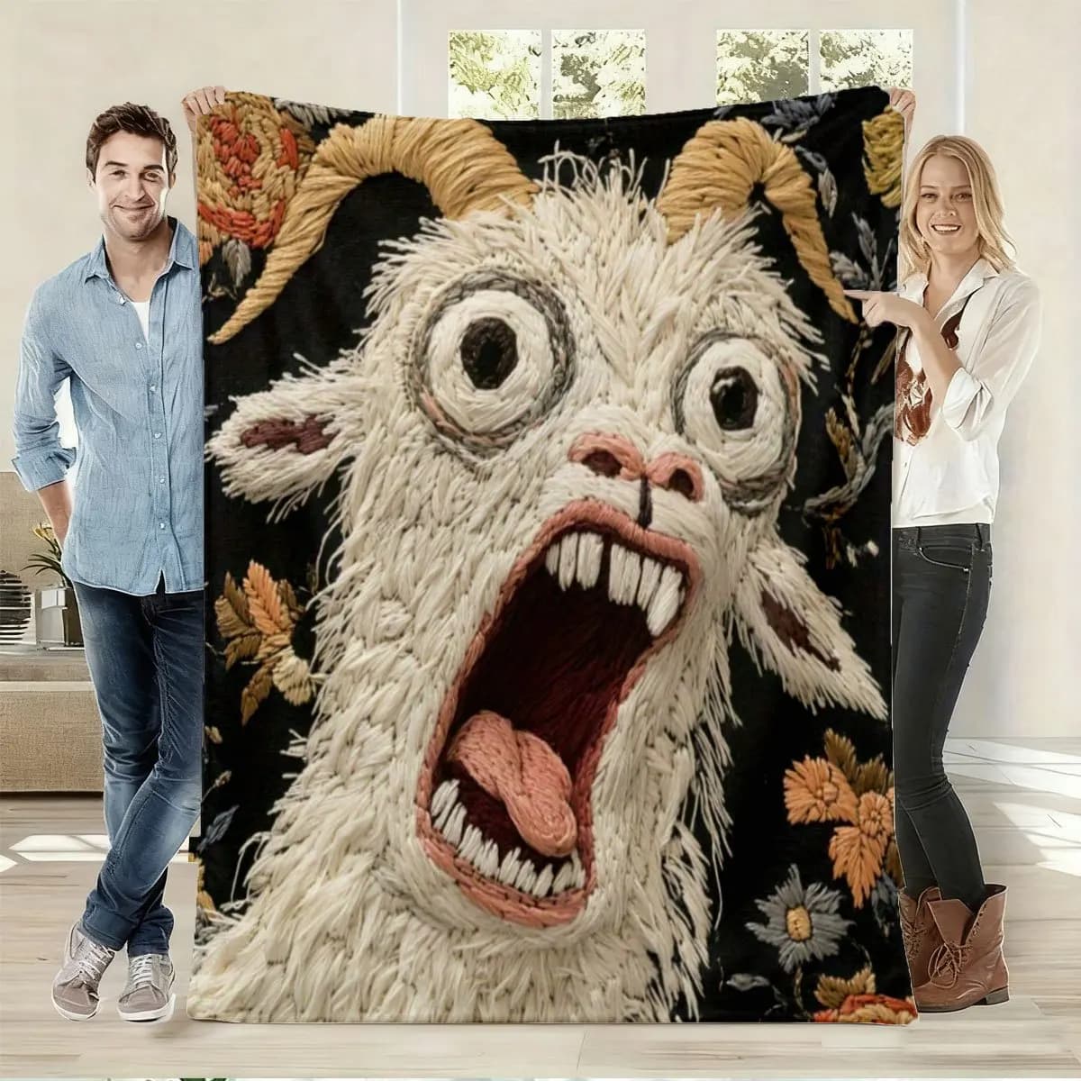 Plaid en polaire amusant à motif de chèvre à effet de couture, avec impression florale de chèvre étrange aux yeux écarquillés et aux cris,