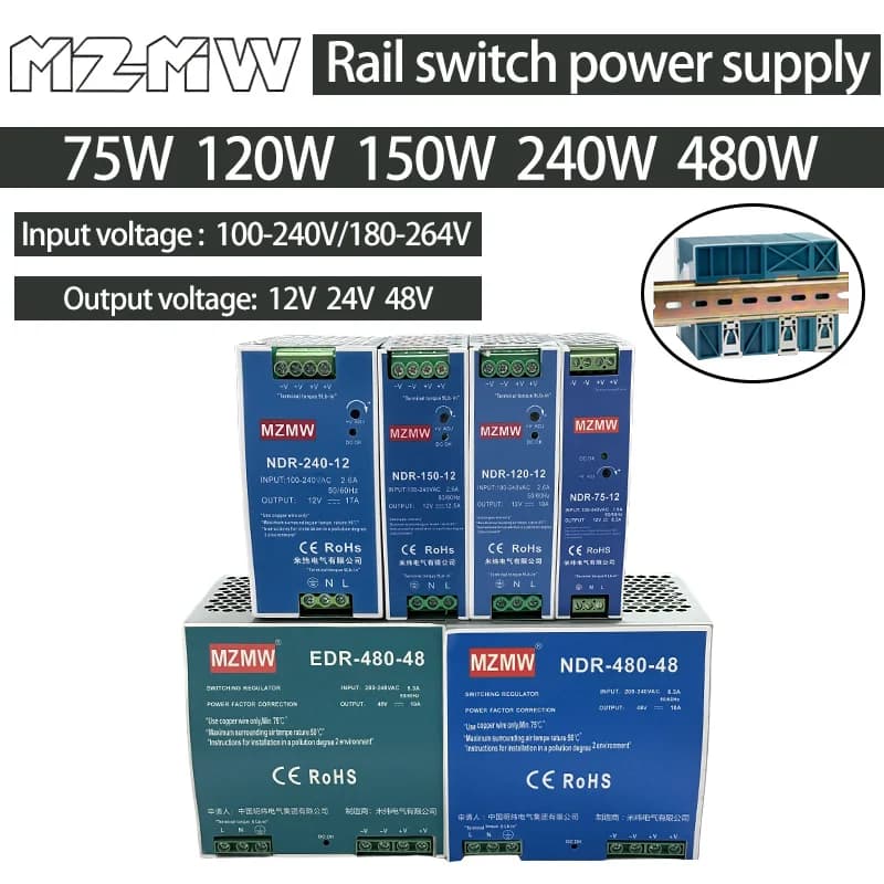 Alimentation de commutation sur Rail EDR NDR 75W 120W 150W 240W 480W AC 110V/220V DC 12V 24V 48V, bande LED, lecteur de surveillance extérieure