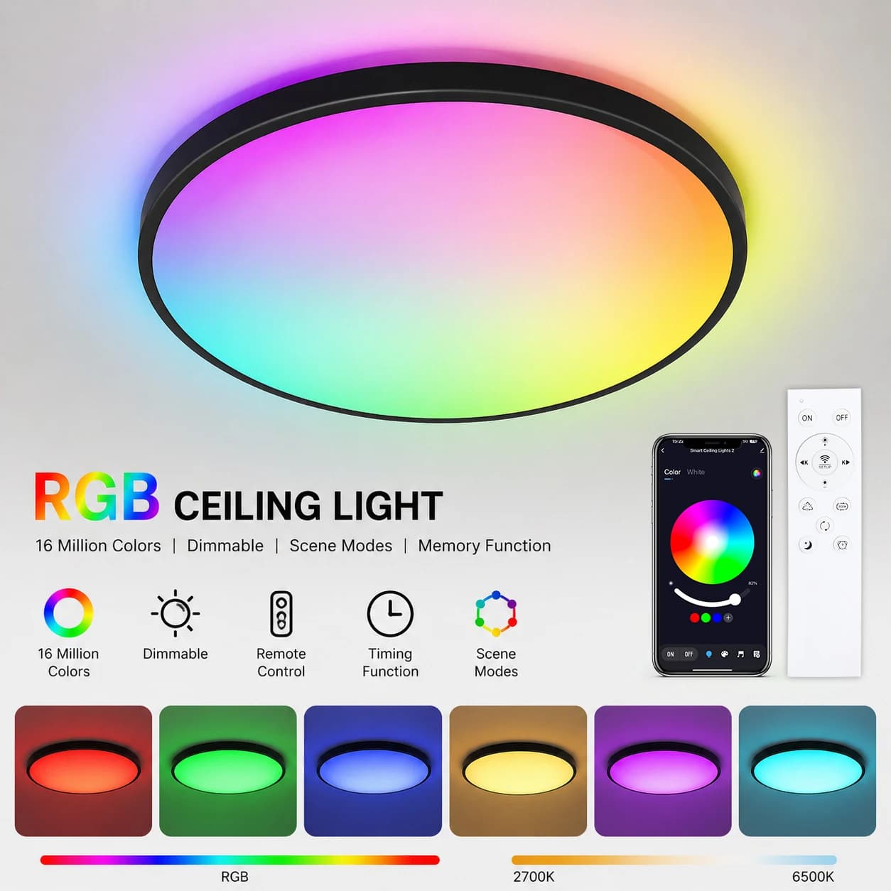 Plafonnier LED RGB 24W, lampe ronde intelligente à intensité variable avec télécommande et contrôle par application, 2700K-6500K, noir, 30CM