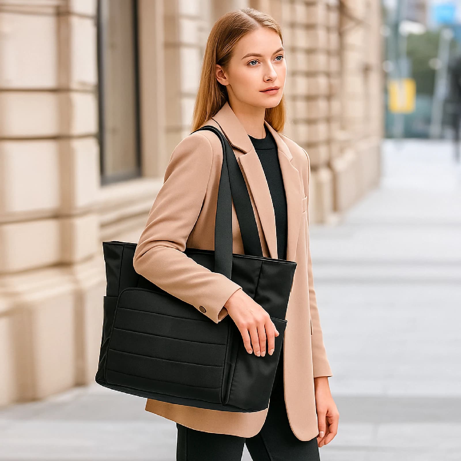 Sac fourre-tout pour ordinateur portable 15,6 pouces pour femme en nylon classique, grande capacité avec poche avant, sac de voyage d'affaires