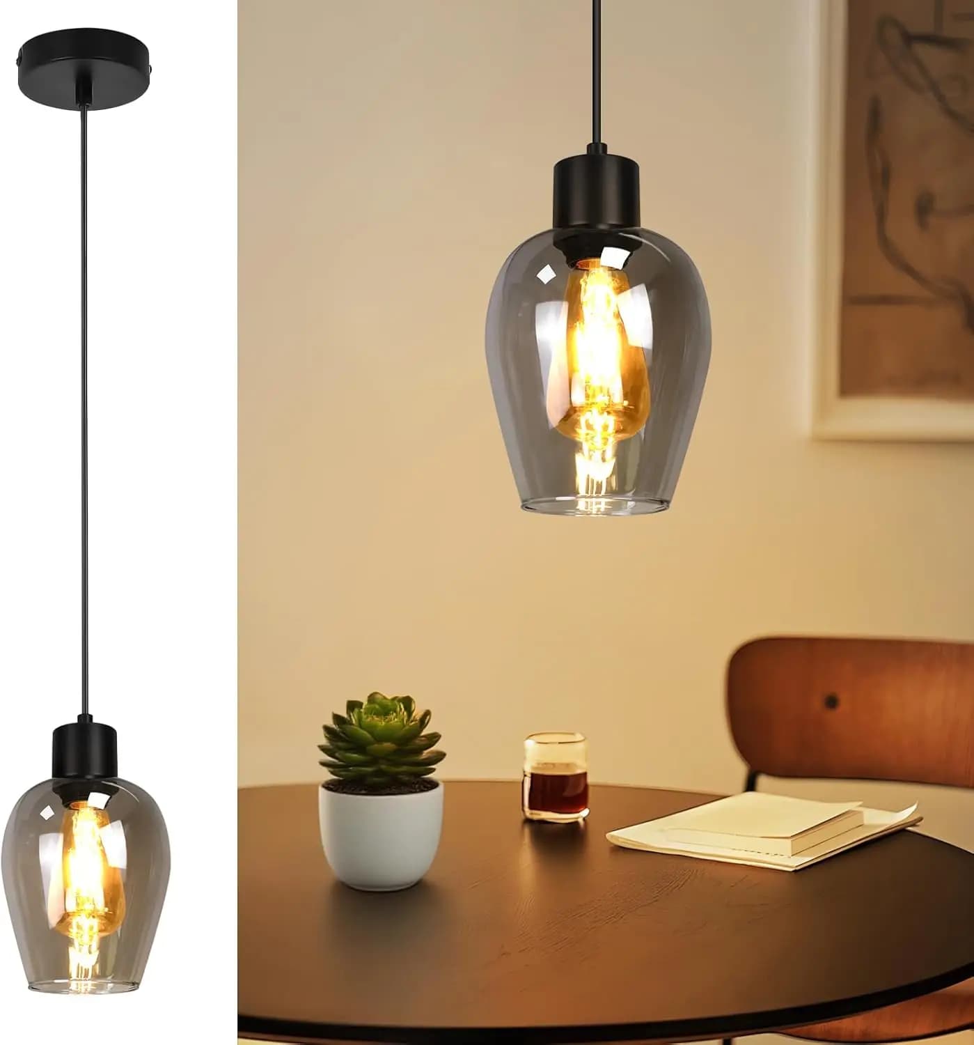 Lampe suspendue noire pour table à manger – Luminaire suspendu en verre à 1 ampoule, style vintage E27, pour cuisine, chambre, hôtel et salle à