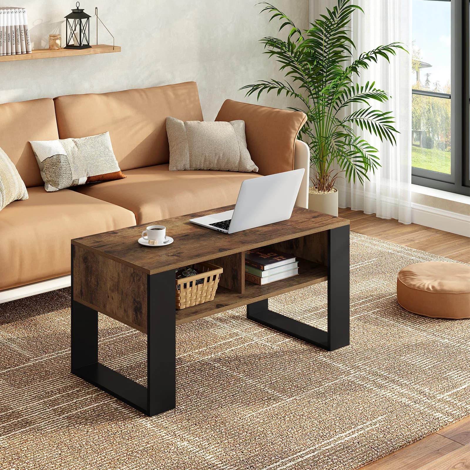 WOLTU Table basse à thé et café avec rangement, 2 compartiments ouverts, style industriel vintage, table d'appoint pour salon et chambre à coucher