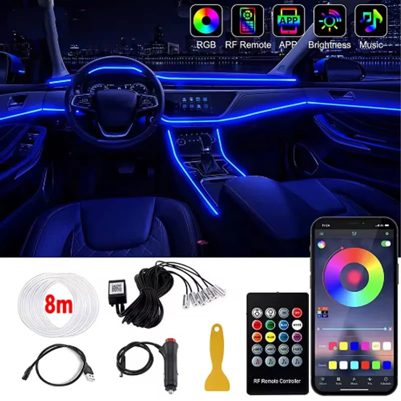 Kit de Fiber optique de lumière ambiante Led néon RGB pour intérieur de voiture, avec contrôle du son par application, plusieurs Modes, lampe