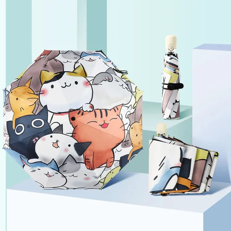 Parapluie automatique pour femmes, griffe de chat de dessin animé, pliable, pour voyage, revêtement noir, protection solaire, pour filles et enfants
