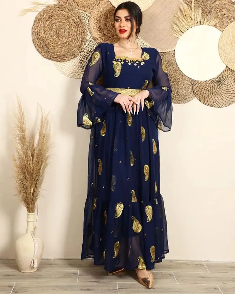 Printemps mousseline de soie bande brodée ceinture robe été vêtements pour femmes Sexy longue Maxi ample musulman Abaya à manches longues