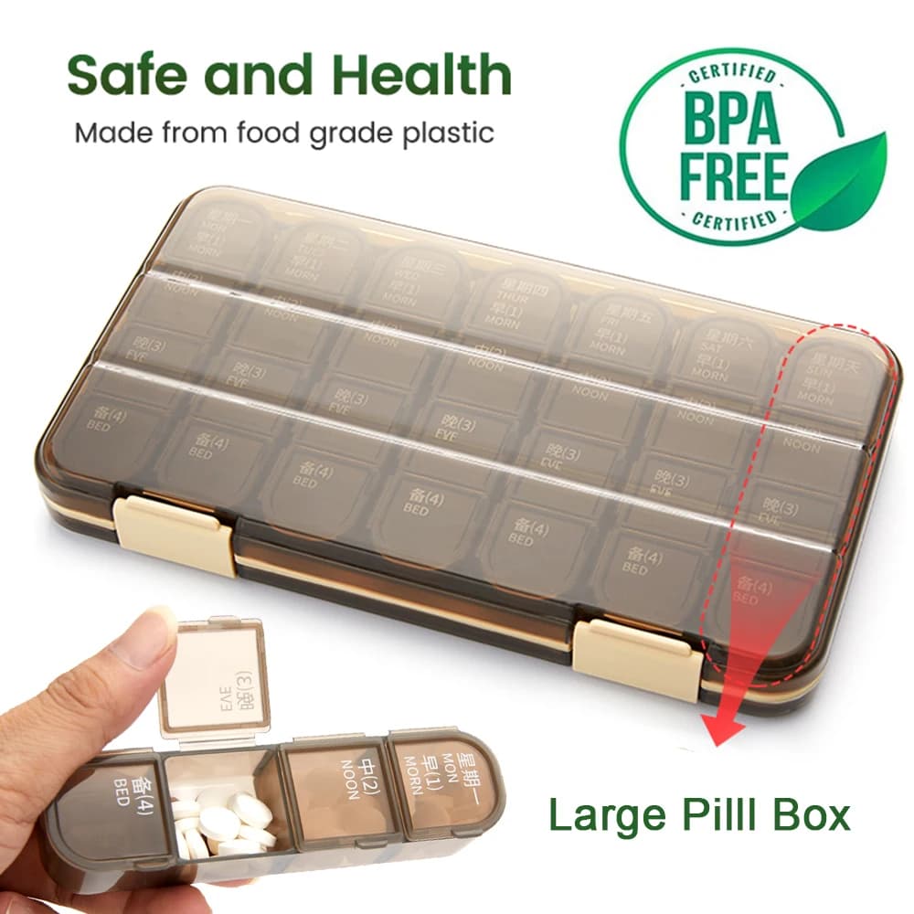 Boîte à pilules hebdomadaire de grande capacité, distributeur de médicaments, évaluation des comprimés de 7 jours, boîte de rangement, étui à