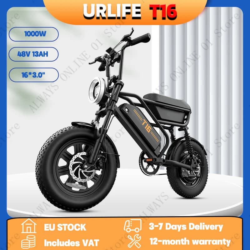 Vélo électrique tout-terrain URLIFE T16 pour adultes, moteur 1000W, batterie 48V 13Ah, pneus 16*3.0 pouces, vélo de voyage électrique