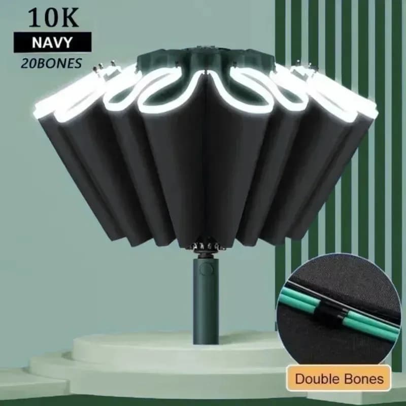 Parapluie entièrement automatique à 20 baleines pour hommes et femmes, pliable inversé, avec bande réfléchissante coupe-vent et protection UV
