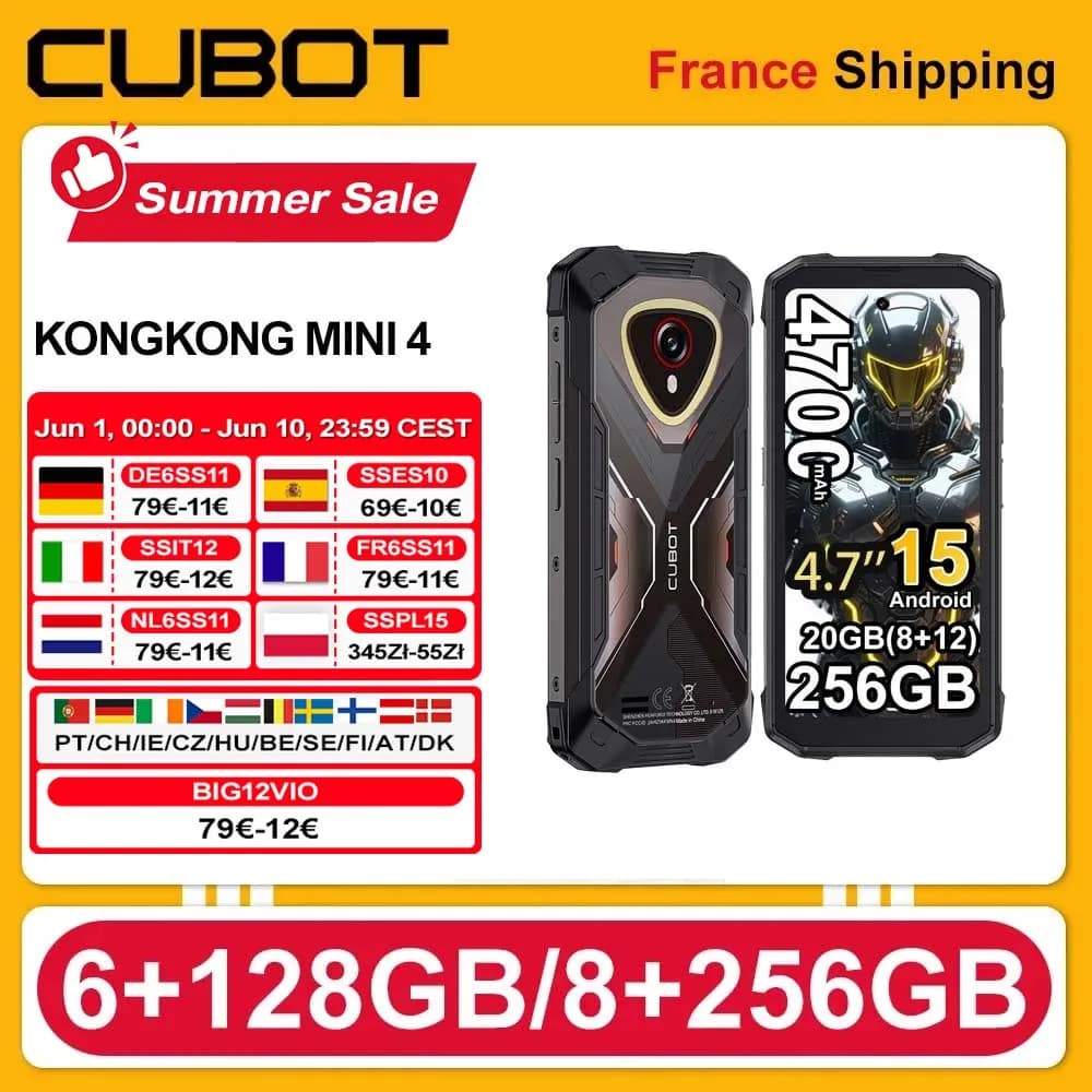 Cubot KingKong Mini 4, smartphone robuste sous Android 15, écran 4,7 pouces, 90 Hz, batterie 4700 mAh, 6 Go + 128 Go ou 8 Go + 256 Go, NFC, appareil