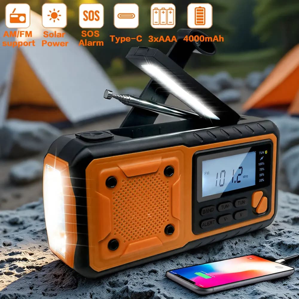 Radio solaire d'urgence Portable 4000mAh, charge à manivelle, Radio météo AM/FM, lampe de lecture Led, chargeur de téléphone bancaire